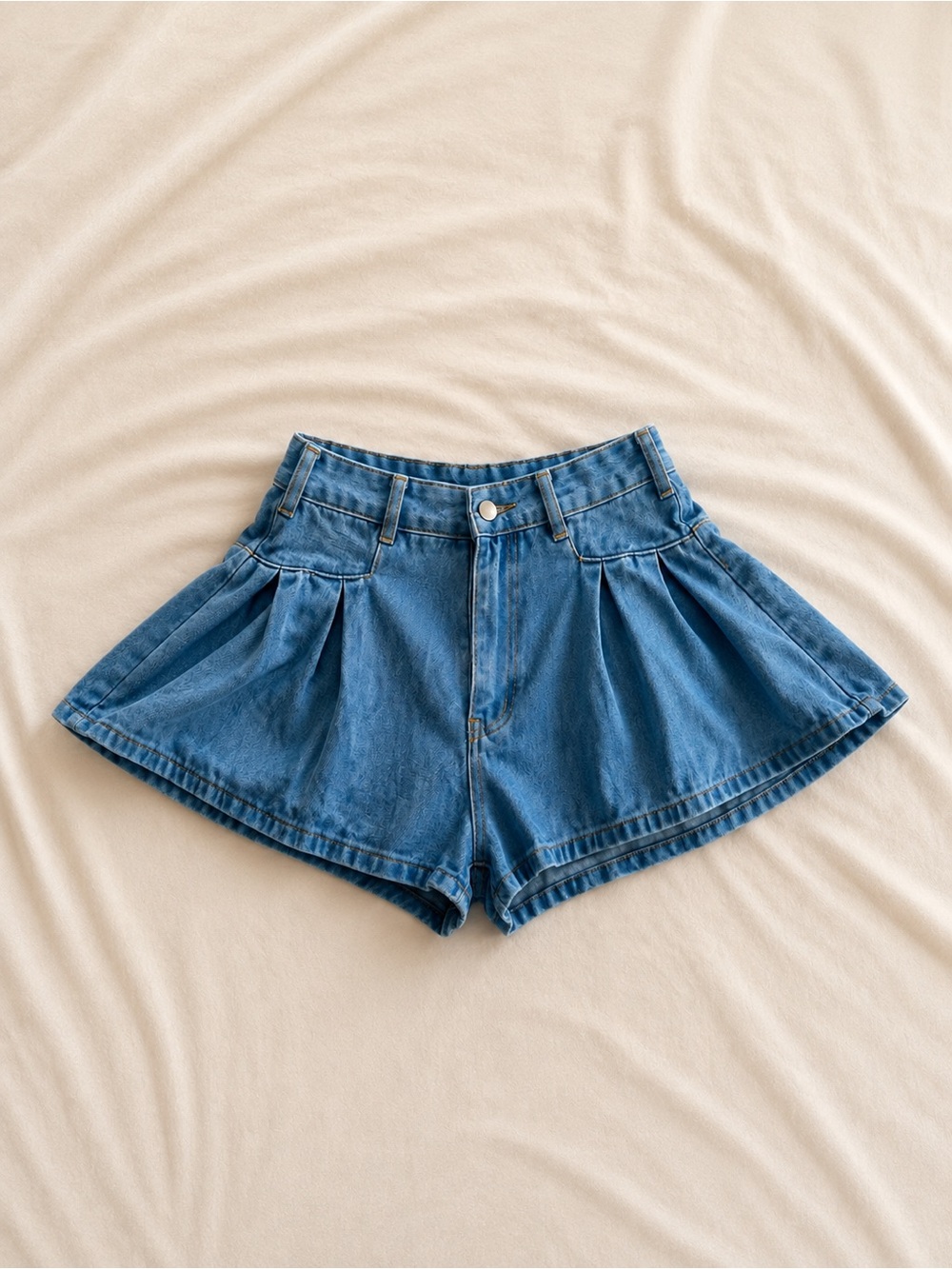 SHEIN Blue High-Waist Pleated Denim Skater Shorts